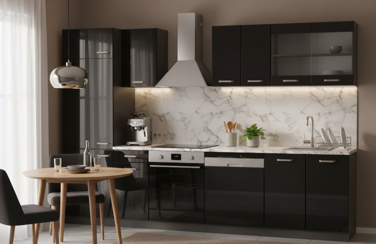 Keukenunit Keukenblok complete keukeneenheid 300 cm zwart hoogglans/antraciet met Marble-wit werkblad, modern design, verstelbare poten, stofdicht – Novihome