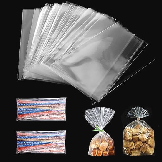 100 stuks doorzichtige cellofaanzakjes, groot, 27 x 13 cm, snoepzakjes, cadeauzakjes met 100 kleurrijke sluitingen, geschikt doorzichtige zakjes voor snoep, chocolade, brood