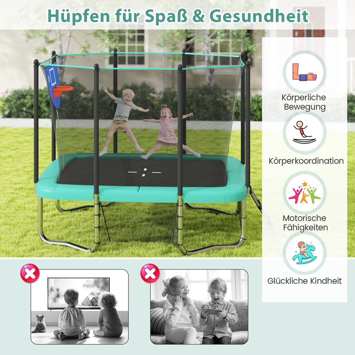 COSTWAY Trampoline voor buiten, rechthoekig, 3-in-1 kindertrampoline met ladder, basketbalkorf en voetbaldoel, tuintrampoline met veiligheidsnet en metalen frame, voor kinderen en volwassenen, groen — afbeelding 9