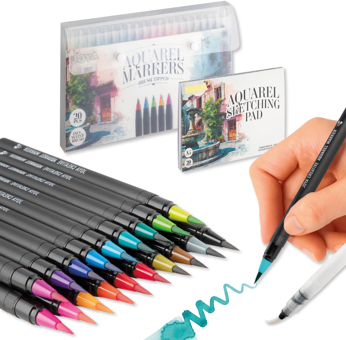 Aquarelverf Set 2in1 - Aquarel Brush Markers 20pcs & Aquarel Sketching Pad A5 - Brushpennen Waterverf - Waterbrush - Aquarel Verf Stiften - Aquarelblok A5 - Schetsboek Watercolor Papier - Creatief Tekenen & Schilderen - Joya Creative