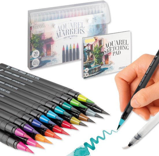 Aquarelverf Set 2in1 - Aquarel Brush Markers 20pcs & Aquarel Sketching Pad A5 - Brushpennen Waterverf - Waterbrush - Aquarel Verf Stiften - Aquarelblok A5 - Schetsboek Watercolor Papier - Creatief Tekenen & Schilderen - Joya Creative