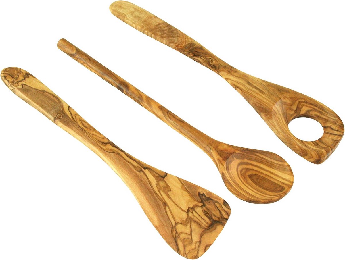 Houten Keukengerei Set 3-Delig - Spatel, Lepel en Risotlepel van Olijfhout