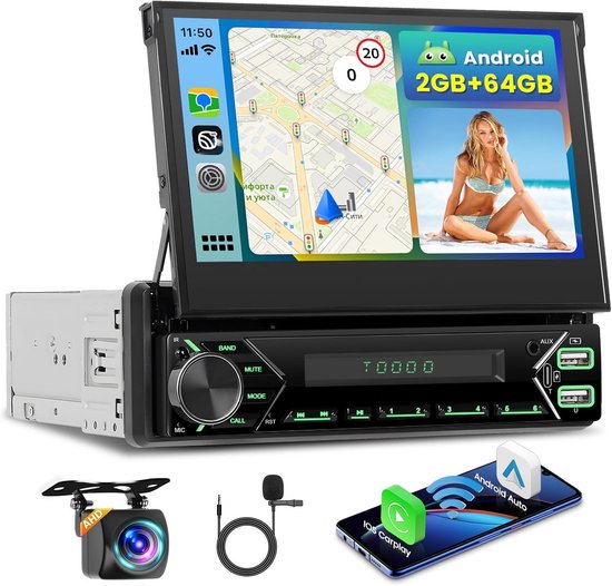 1-DIN Car Radio with Bluetooth Handsfree iOS/Android Mirror Link 9 inch, Touch Screen Car Radio with Bluetooth, FM Radio Screen, USB/AUX with Microphone, Steering Control 12 LED Rear Camera