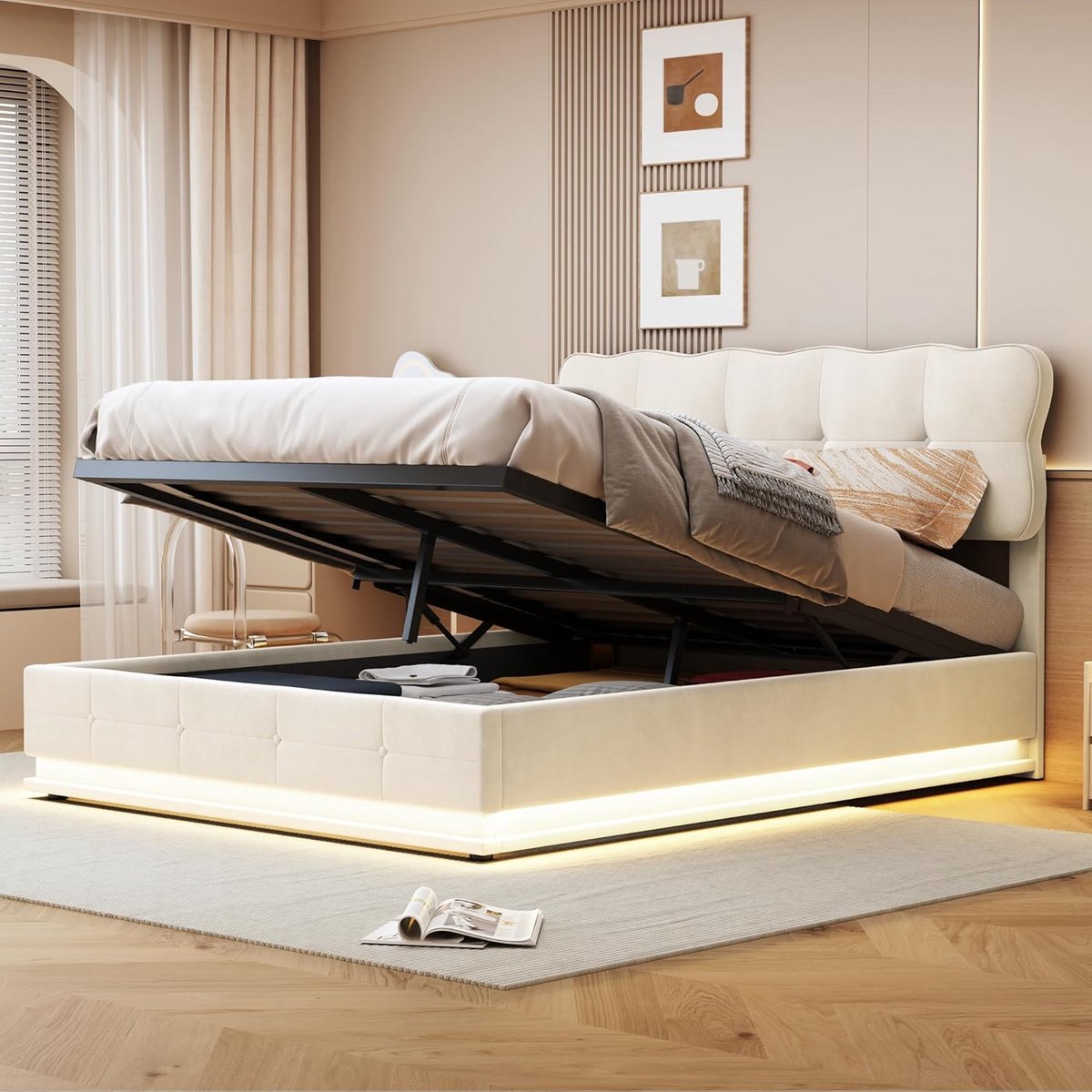 Tweepersoonsbed 160x200 met Opbergruimte, Gestoffeerd Bed met LED Verlichting en Inklapbare Lattenbodem