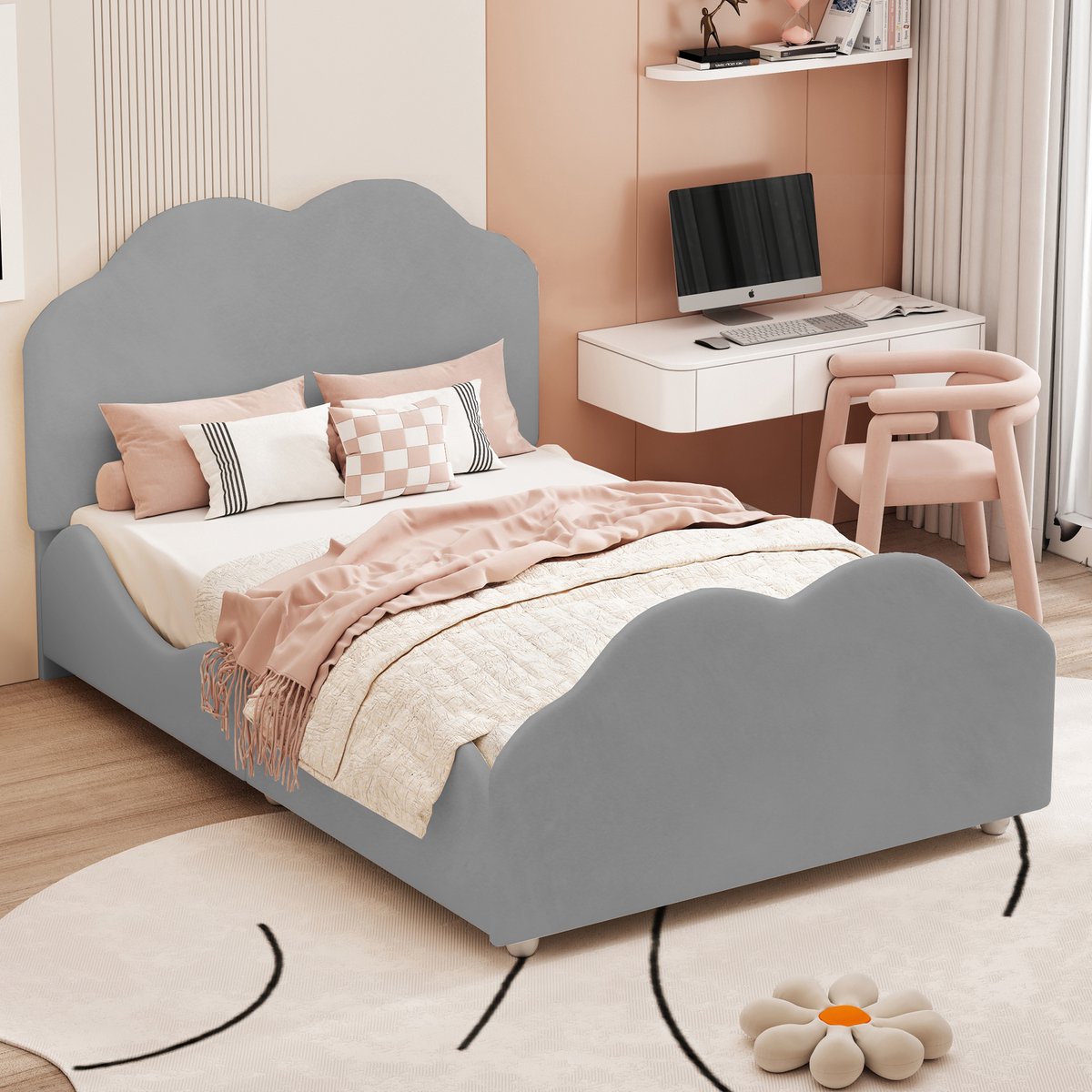 HAUSS SPOLE Gestoffeerd Bed 90x200cm - Kinderbed Met Wolkvormig Hoofd- En Voeteinde - Hoog Veiligheidshek - Fluweel - Grijs - Zonder matras