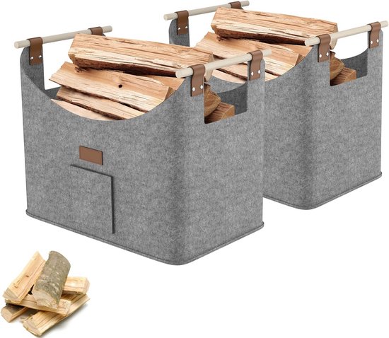Set Van 2 Grote Vilten Manden Voor Haardhout En Opslag Met Houten set-van-2-grote-vilten-manden-voor-haardhout-en-opslag-met-houten