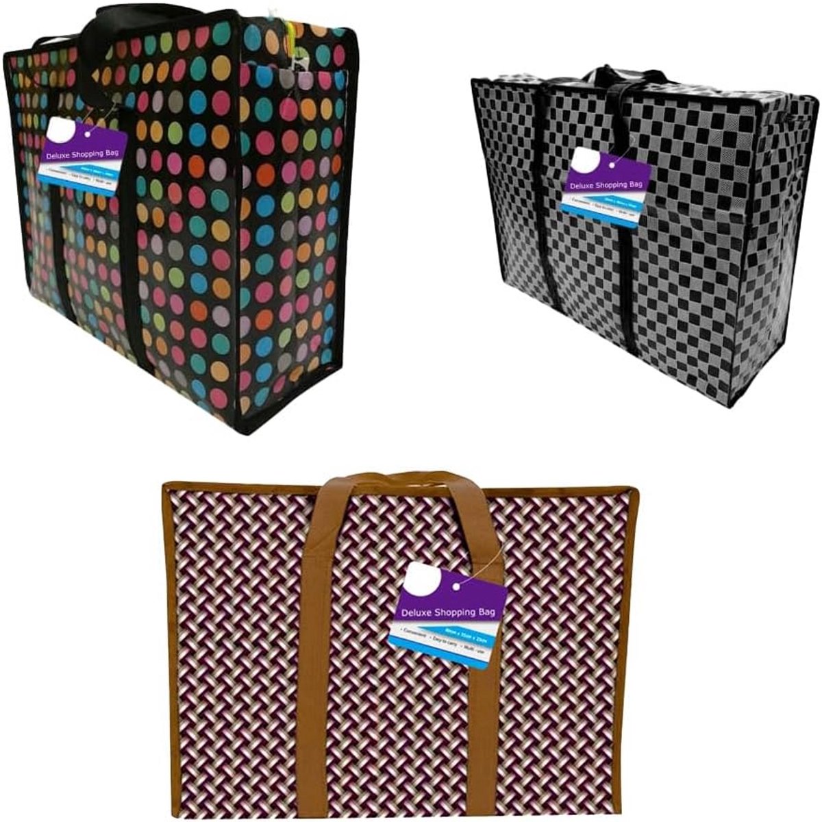 3-Pack Luxe Herbruikbare Boodschappentassen met Handvatten en Ritszakken