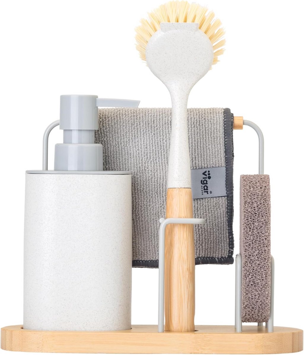 Complete Gootsteen Organizer met Zeepdispenser, Borstel en Spons - Wit/Bamboe