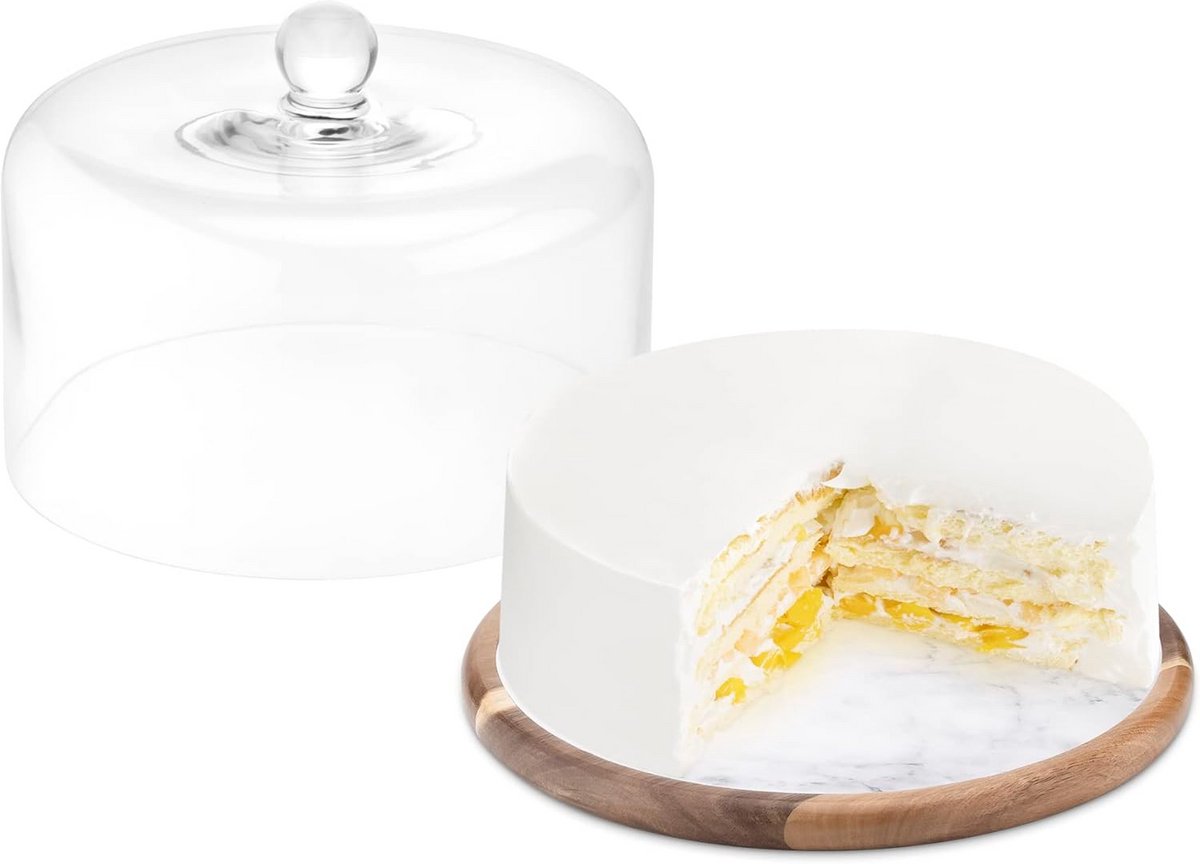 Ronde taartplateau met glazen stolp - Hout en marmer - Diameter 28 cm