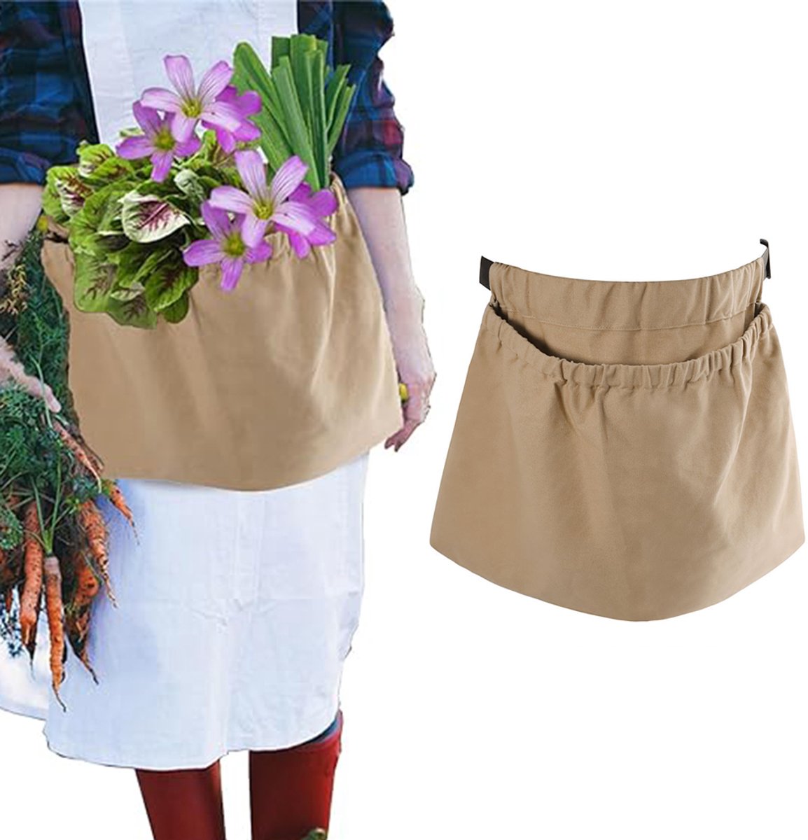 Tuinschort -Schort voor het plukken van fruit en groenten - Plukschort - Plukzak voor de boomgaard - Plukzak - Schort - Verstelbaar - 60*36 cm - Geschikt voor fruit, groenten, eieren en bloemen - Khaki