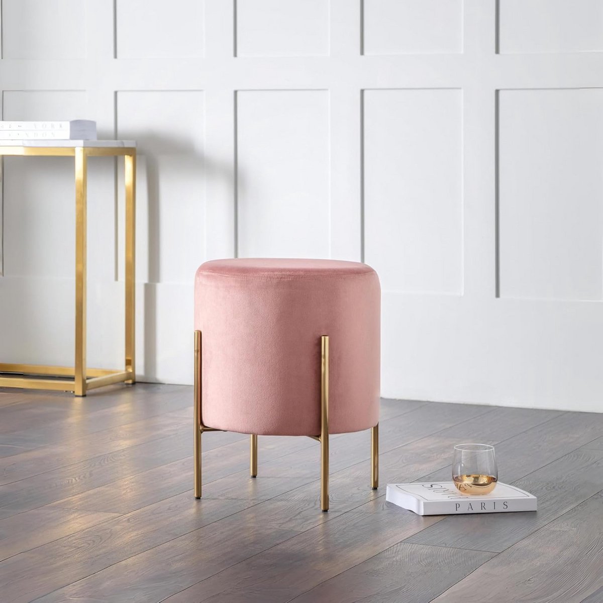 Luxe Roze FluWelen Kruk met Gouden Poten - Modern Design Zitkruk