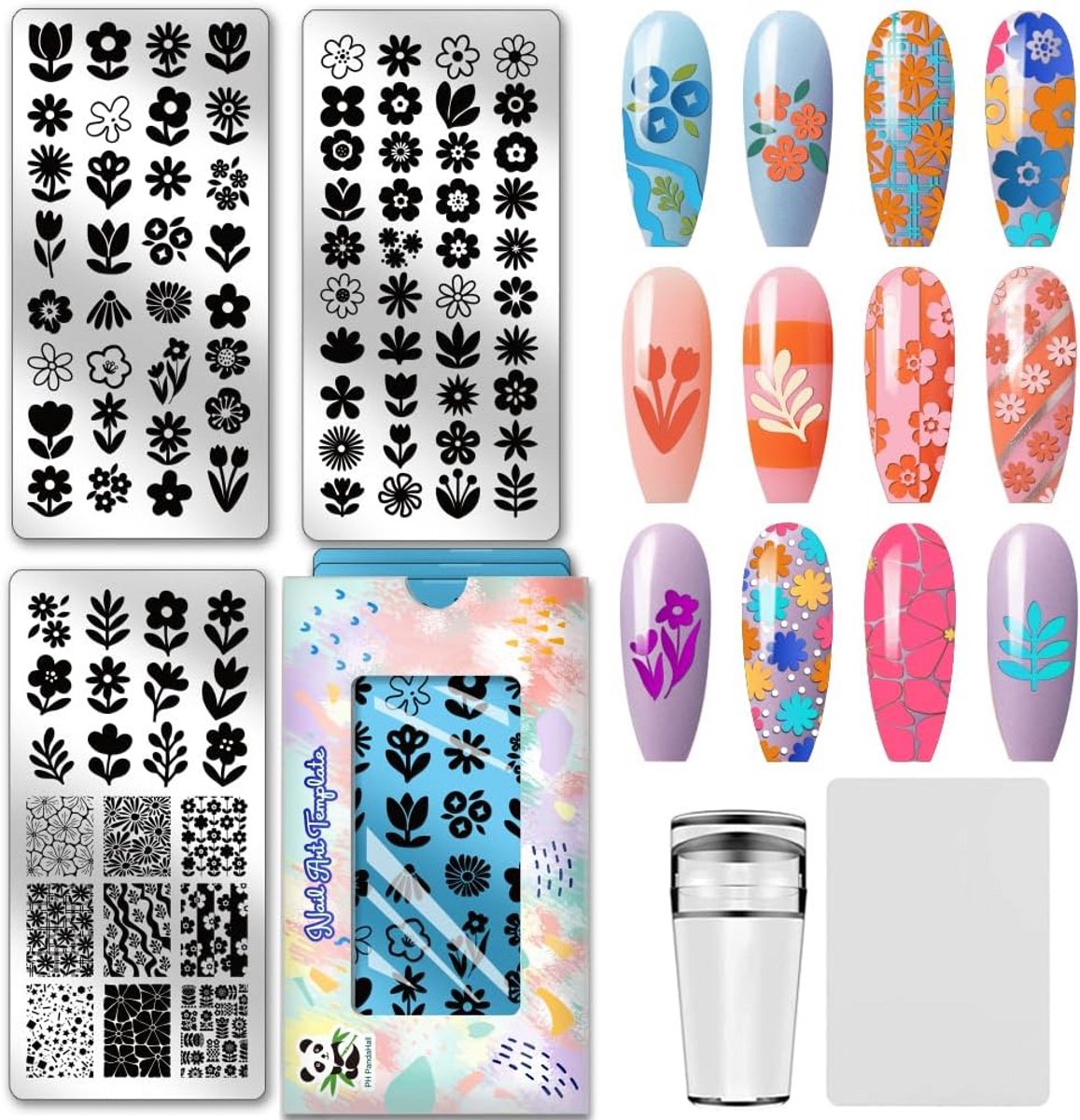 3 Delige Set Nagelsjabloon Platen met Abstracte Bloemendecoraties - Stainless Steel