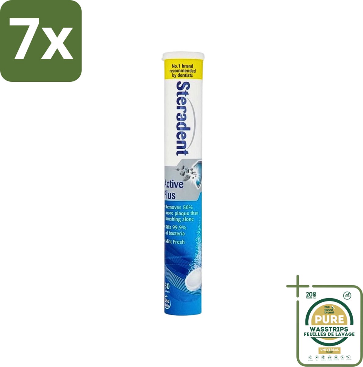 7 x Steradent - Reinigingstabletten - Active Plus - Tegen Tandsteen & Bacteriën - 30 Tabletten - Grootverpakking - Kunstgebit Reinigen - Tandsteen Verwijderen - Mondhygiëne - Bacteriën Doden - Tandplak Verwijderen