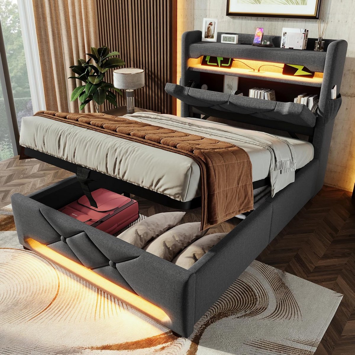 Eenpersoonsbed 90x200 met Opbergruimte, USB-C Opladen en LED-Verlichting, Gestoffeerd Grij