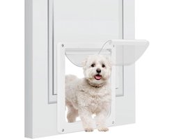 Hondenluiken, huisdierluiken die op binnen- of buitendeuren of muren kunnen worden geïnstalleerd, zijn beter geïsoleerd dan metalen luiken, weerbestendig, eenvoudig te installeren en schoon te maken, en geschikt voor grote huisdieren (L).