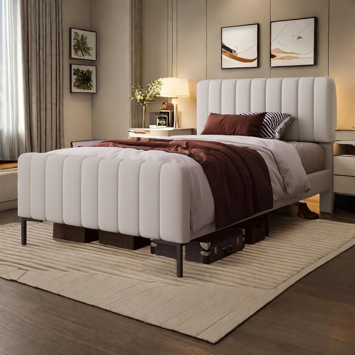 Eenpersoons Bed 90x200 cm met Verstelbaar Hoofdeinde en Lattenbodem, Gestoffeerd Modern Bedframe in Neutraal Kleur
