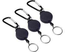 3 Piece Retractable Keychain - Heavy Duty Key Reel - Extendable Nylon Rope Keychain - Retractable ID Badge Holder - Zwart en Duurzaam