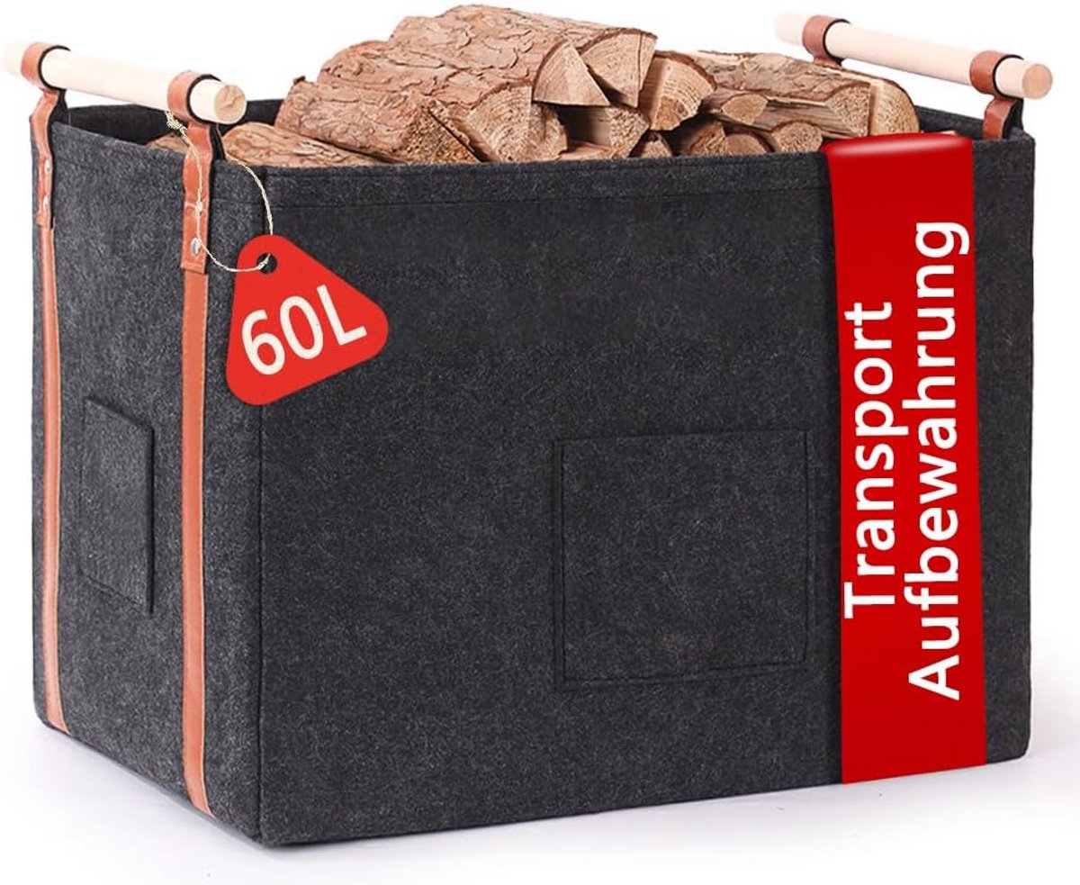 Ruime Houtmand van Vilt met Houten Handvatten voor Open Haard en Opslag (60L)