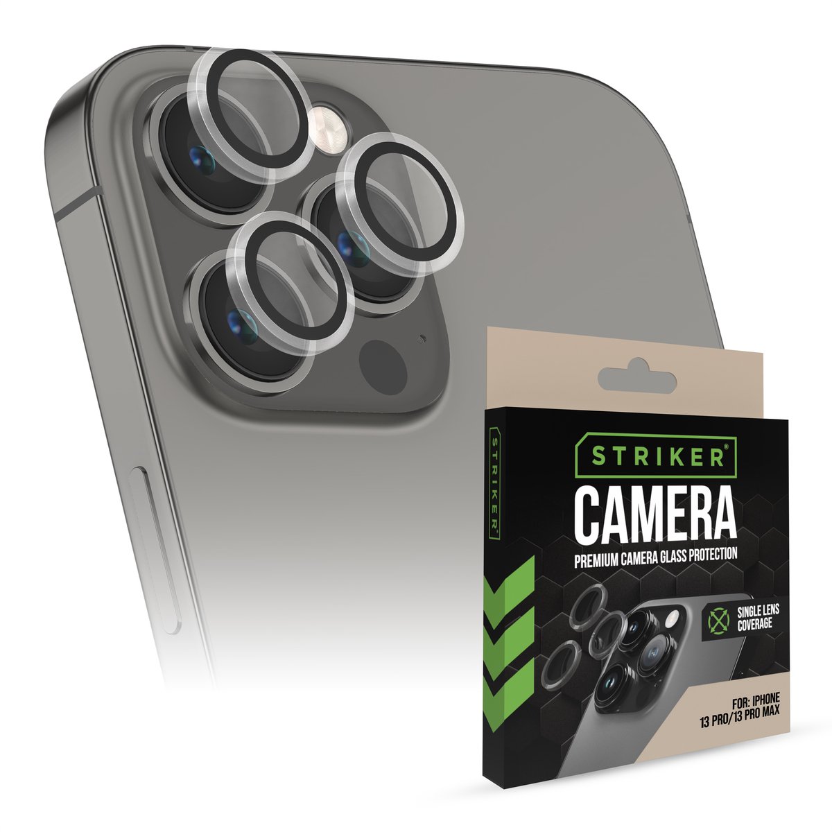 Striker Screenprotector geschikt voor Apple iPhone 13 Pro Max Glazen | Striker Single Lens Camera Lens Protector - Case Friendly - Zwart