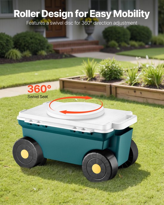 Tuinscooter met zitje, 2-in-1 rolwagen met opbergvak, draagvermogen tot 103 kg, buitenwagen met handvat, lichtgewicht tuinkrukje voor tuinklusjes zoals onkruid wieden en planten — afbeelding 4