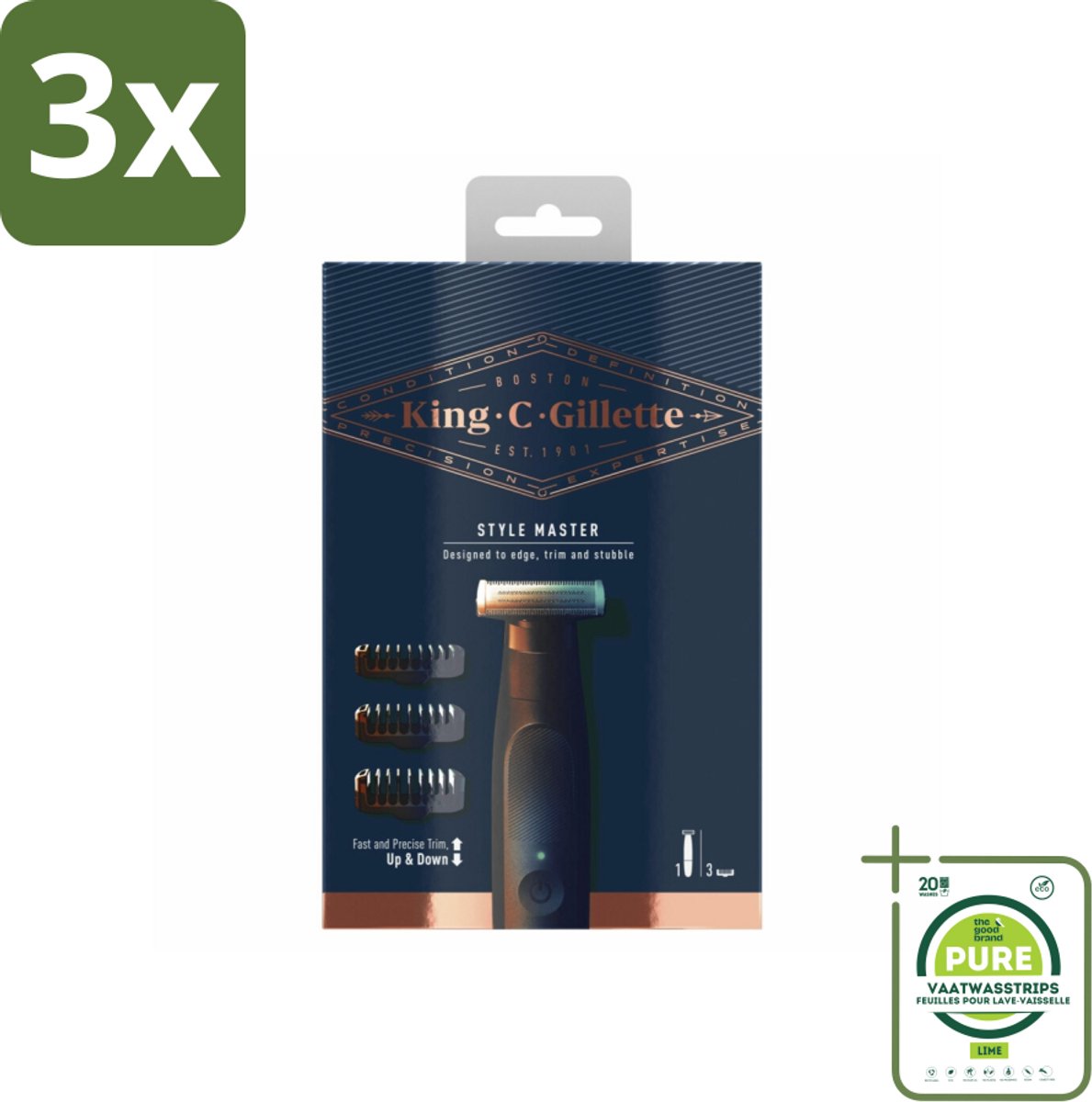 3 x King C. Gillette - Stoppelbaardtrimmer - Style Master - Met 3 Navulmesjes - Grootverpakking - Baardtrimmer - Stoppelbaardtrimmer - Draadloze Trimmer - Baardstyling - Baardonderhoud