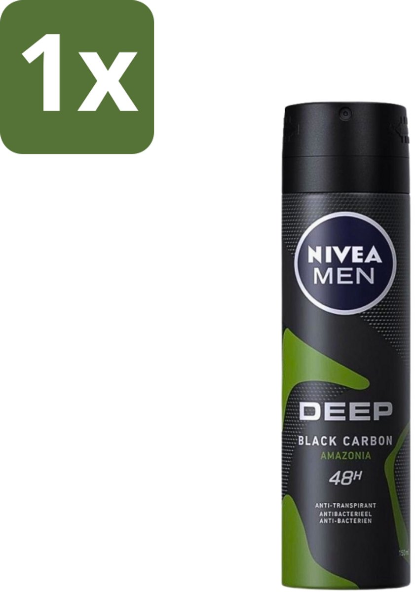 1 x Nivea - Men - Deodorant - Spray - Deep Black Carbon Amazonia - 150 ml - NIVEA MEN Deodorant Spray - Anti-transpirant - 48 Uur Bescherming - Black Carbon - Amazonia Geur