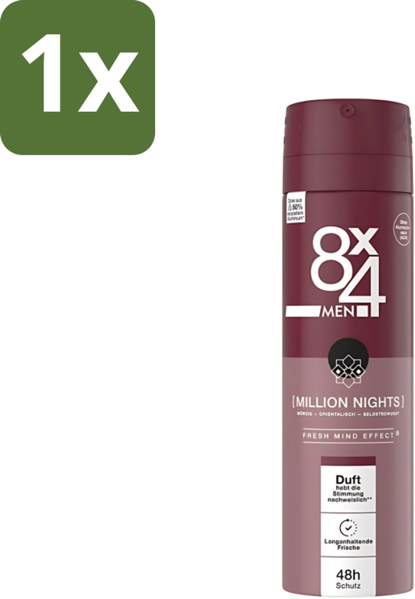 1 x 8 x 4 Deospray Men - No.18 Millions Nights - Deodorant - Voor Heren - 150 ml - Deodorant Voor Heren - Avondgeur - Langdurige Bescherming - Zweetbestendig - Verleidelijke Geur