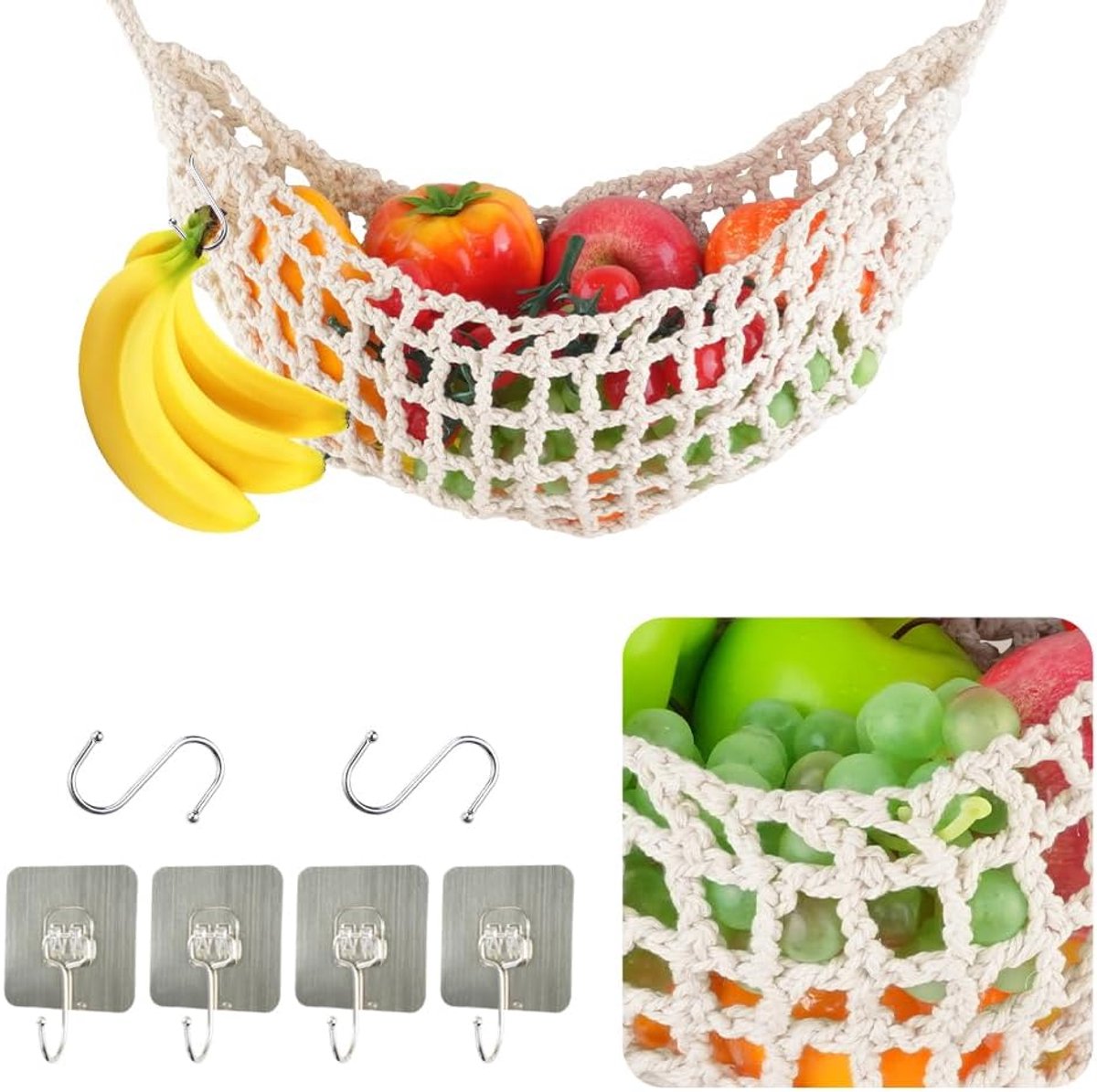 Famanu – Macramé fruithangmat – handgeweven hangmat met 4 haken + 2 bananenhaken, boho