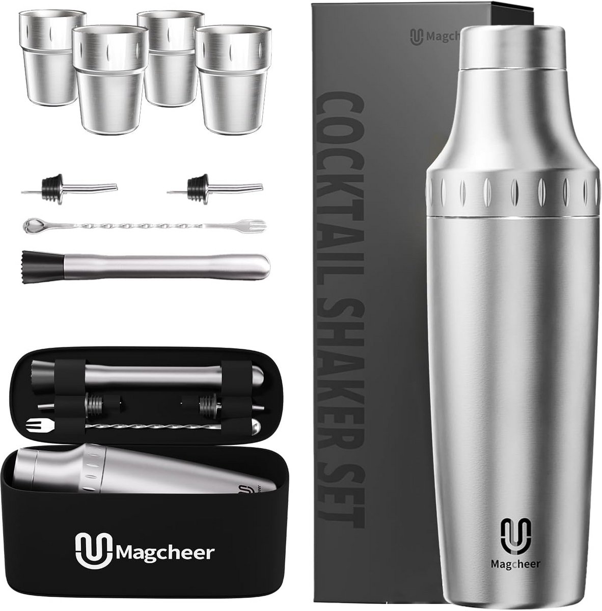 Hybride Cocktailshaker Set RVS met Stapelbare Bekers en Bartools