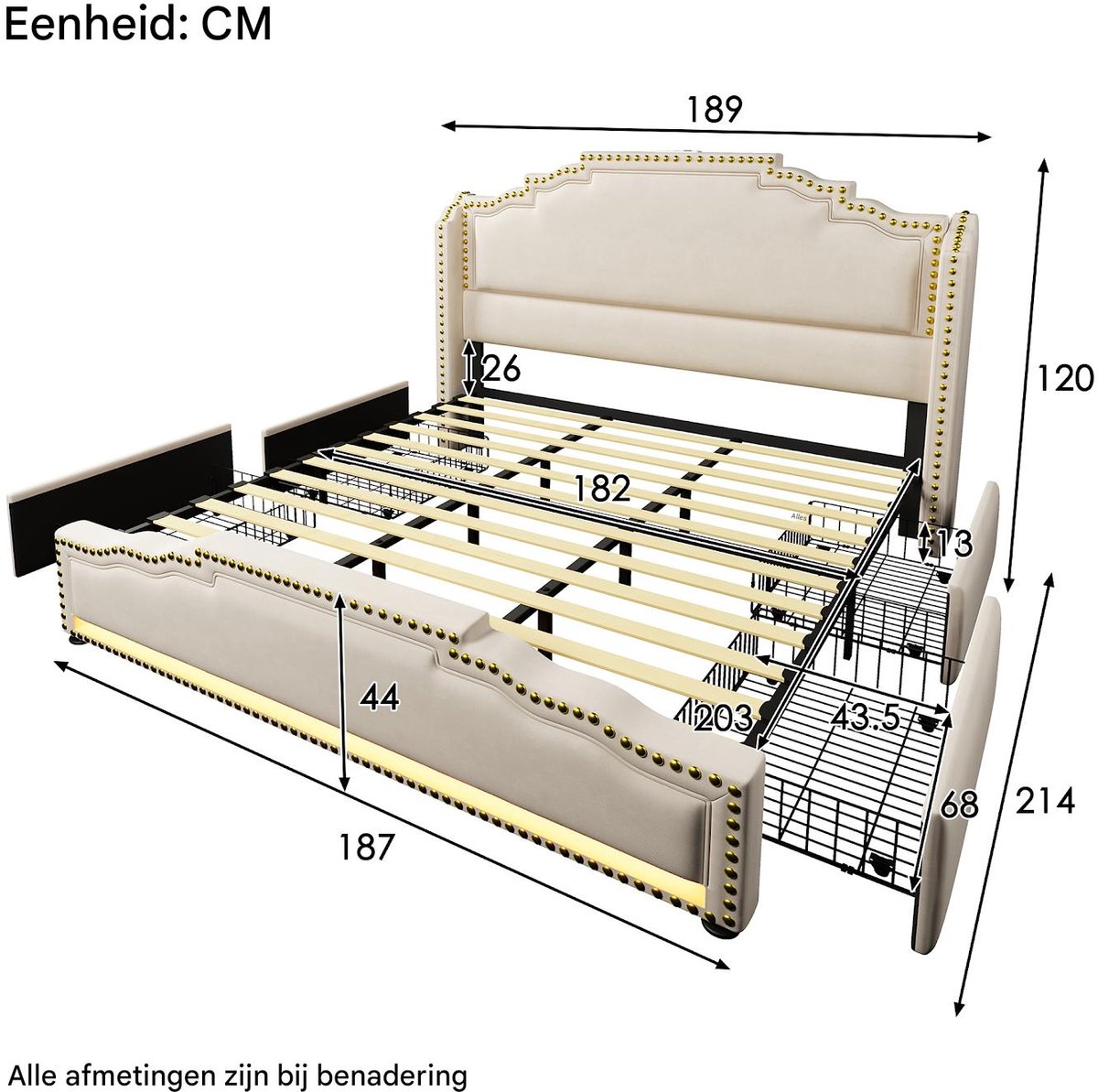 Strovea Gestoffeerd bed 180x200 cm met opbergruimte, Tweepersoonsbed met 4 lades, LED verlichting, USB Type C-oplader, Opbergbed volwassen bed met lattenbodem, Fluweel, Retrostijl, Beige (zonder matras)