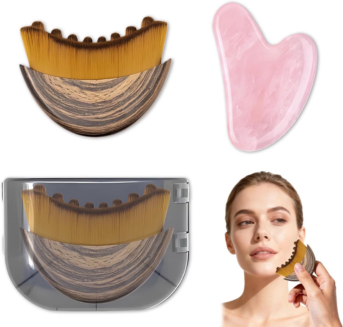 Gua Sha Set met Rose Quartz Steen en Gezichtsborstel voor Lymfedrainage en Ontspanning