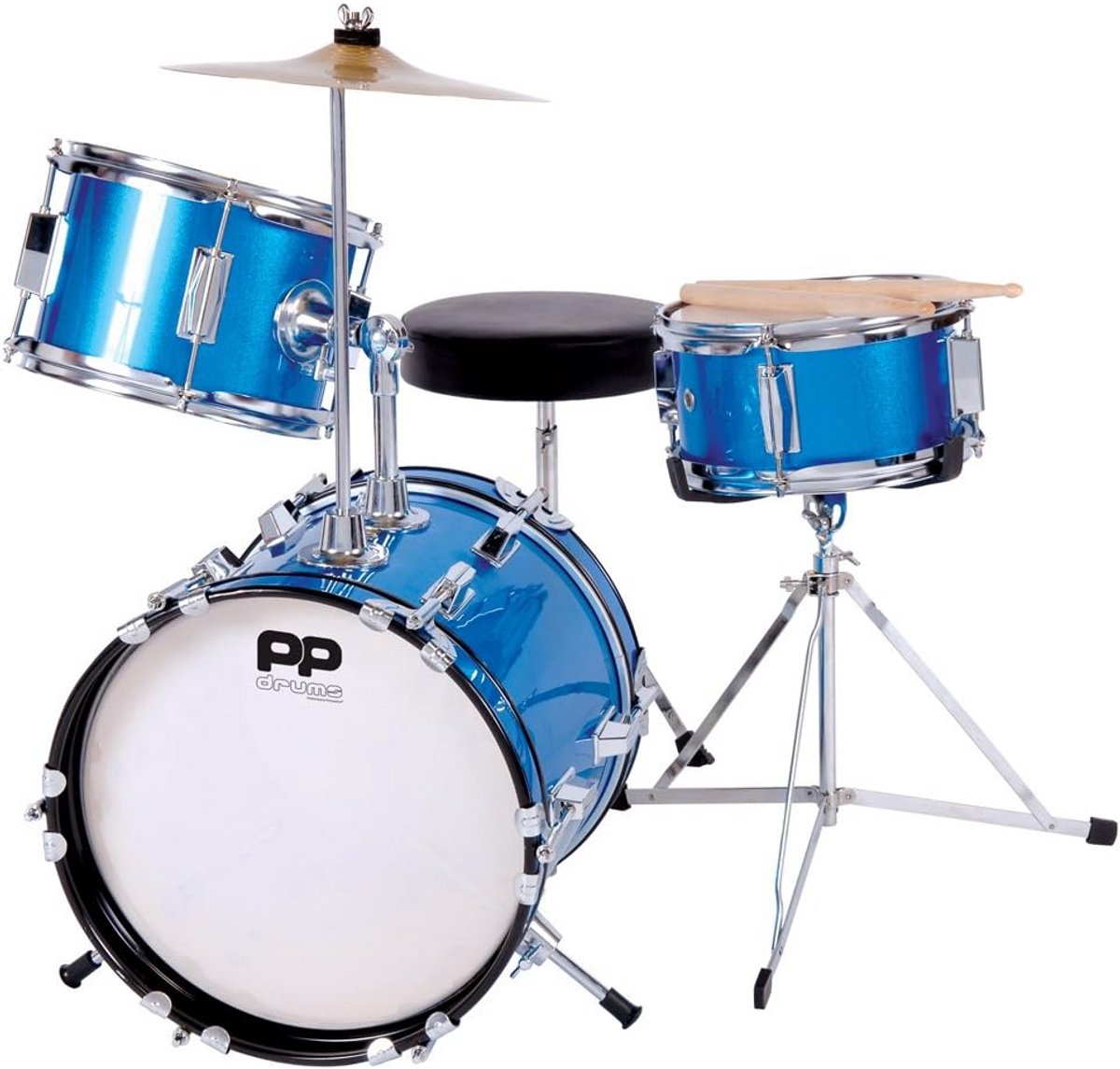 Kinderspeelset Trommels 3-Delig – Blauw Metallic – Inclusief Kruk en Stokken