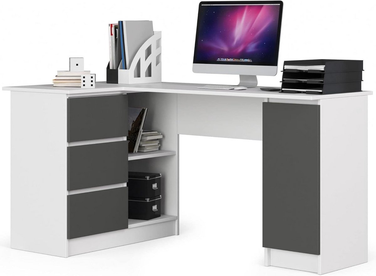Stijlvol Hoekbureau met Lades en Opbergruimte - Thuiswerkplek Bureau - 155 x 77 x 85 cm Wit/Grafietgrijs