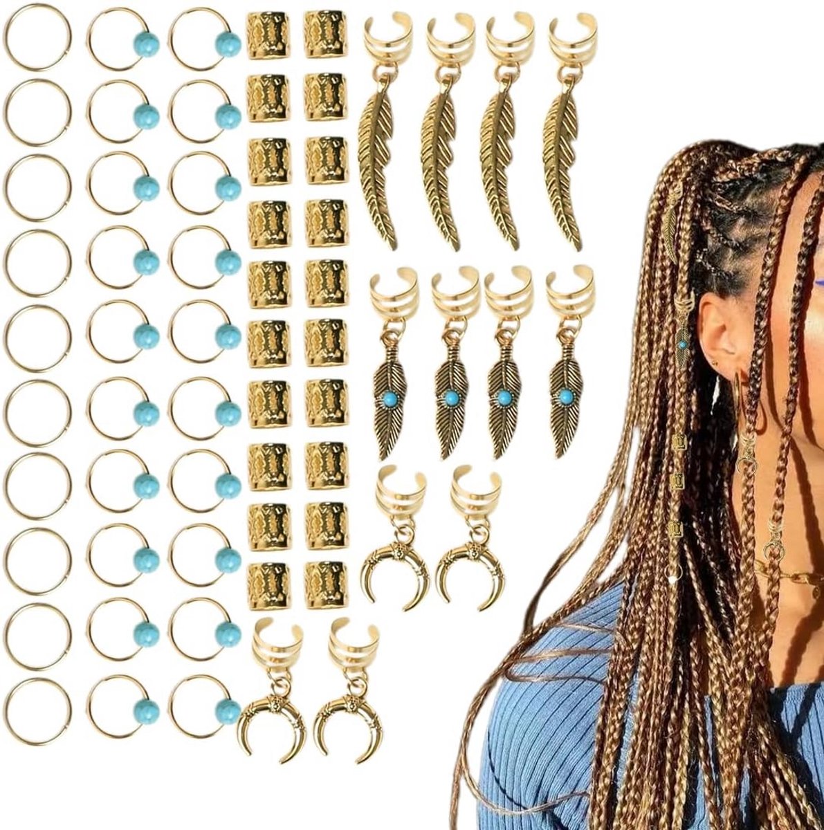 62-delige Dreadlocks Clips Sieraden Set voor Vlechten en Haarversiering - Goudkleurig