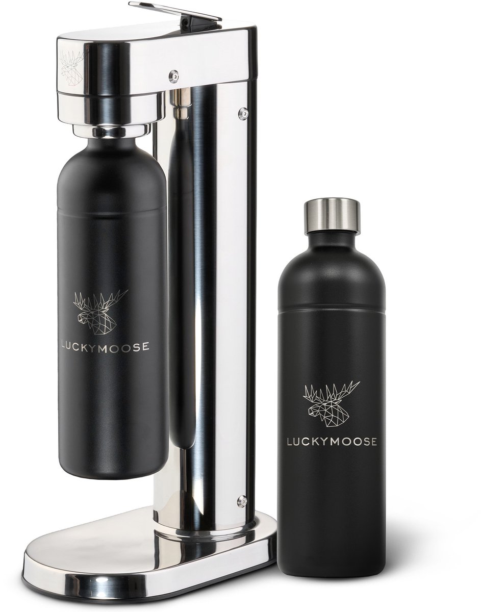 Luckymoose Bruiswatertoestel Infinity-S - Soda Maker met 2x 1,25L RVS Drinkfles Zwart - Bruiswater Toestel Zilver - Werkt met blauwe cilinders