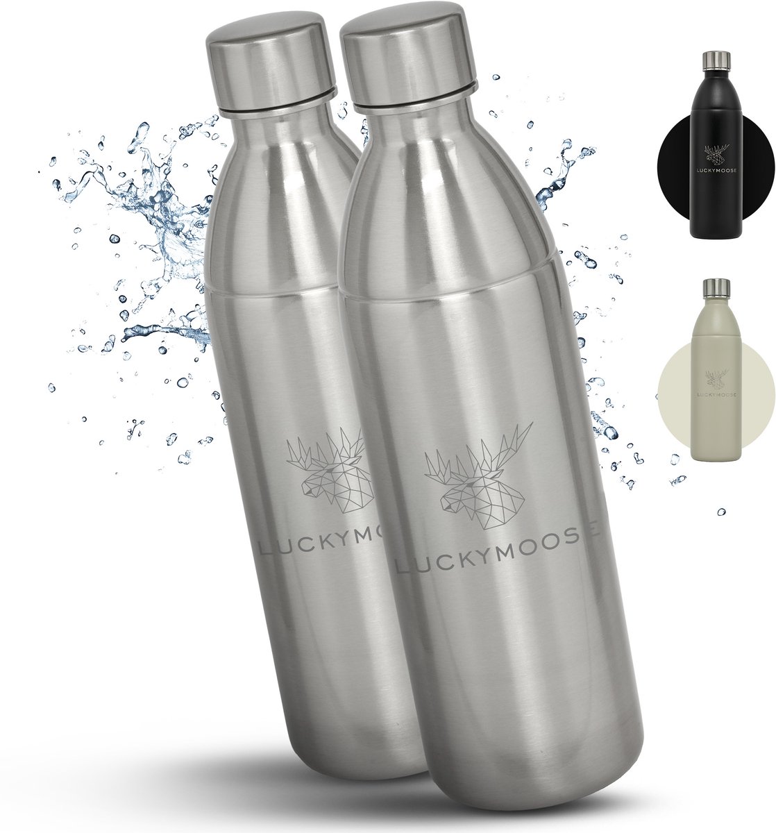 Luckymoose RVS Drinkfles 1,1L Infinity - Set van 2 - Geschikt voor SodaStream Bruiswatertoestel - Waterfles voor Bruiswater Machine - Zilver