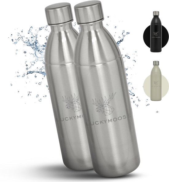 Luckymoose RVS Drinkfles 1,1L Infinity - Set van 2 - Geschikt voor SodaStream Bruiswatertoestel - Waterfles voor Bruiswater Machine - Zilver