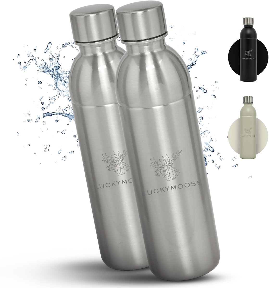Luckymoose RVS Drinkfles 0,75L Infinity - Set van 2 - Geschikt voor SodaStream Bruiswatertoestel - Waterfles voor Bruiswater Machine - Zilver