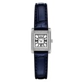 Rechthoekig horloge met zilverkleurige kast, witte wijzerplaat met Romeinse cijfers en blauwe leren band.