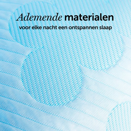 Lichtblauwe stof met een cirkelvormig rasterpatroon. Tekst: Ademende materialen voor elke nacht een ontspannen slaap.