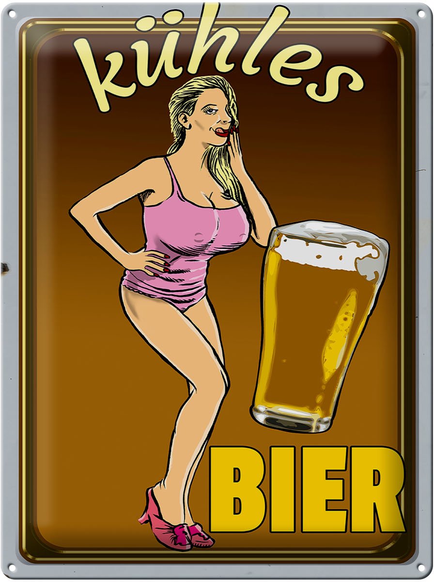 Blechschild Pinup 30x40cm kühles Bier