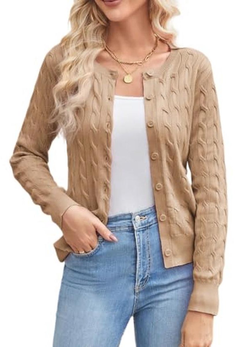 Dames 2024 Kabel Gebreide Lange Mouw Cropped Cardigan Lichtgewicht Vesten