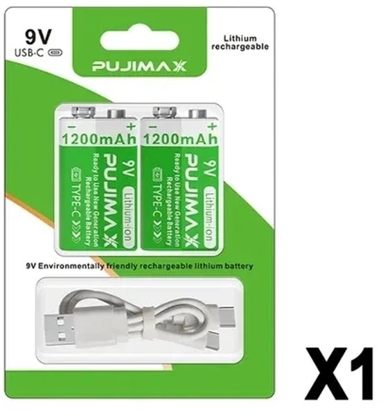 Verpakking met twee groene 9V Fujimax lithium-ion oplaadbare batterijen en een USB-C kabel.