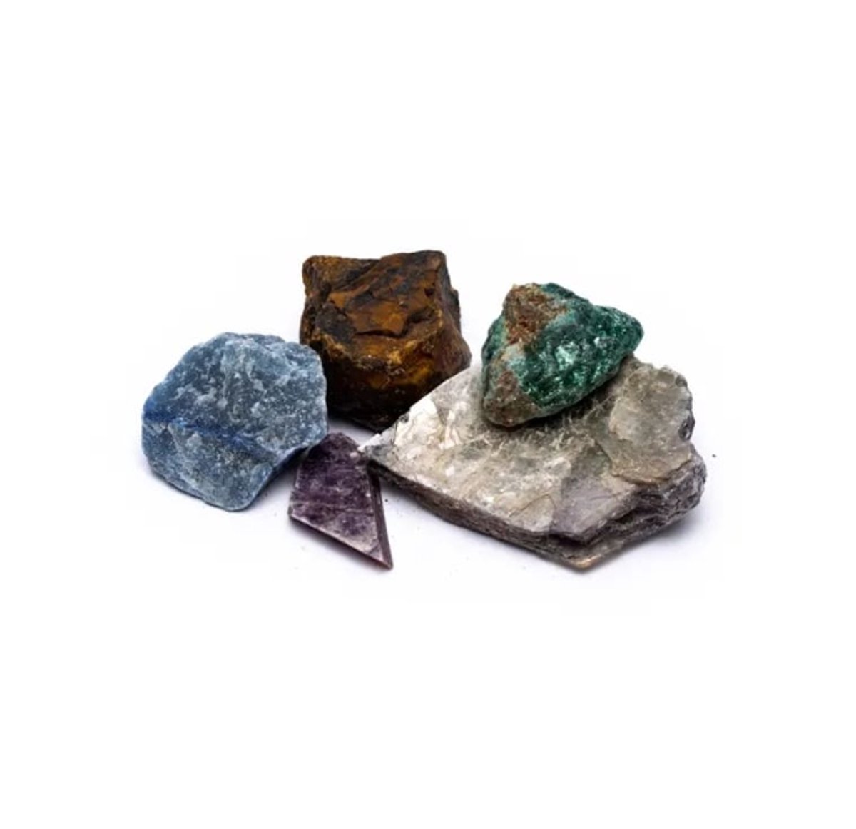 Power Set Innerlijke Kracht & Wijsheid (5 stenen) Ruwe Tijgeroog, Fuchsiet, Muscoviet, Paarse mica & Blauwe kwarts