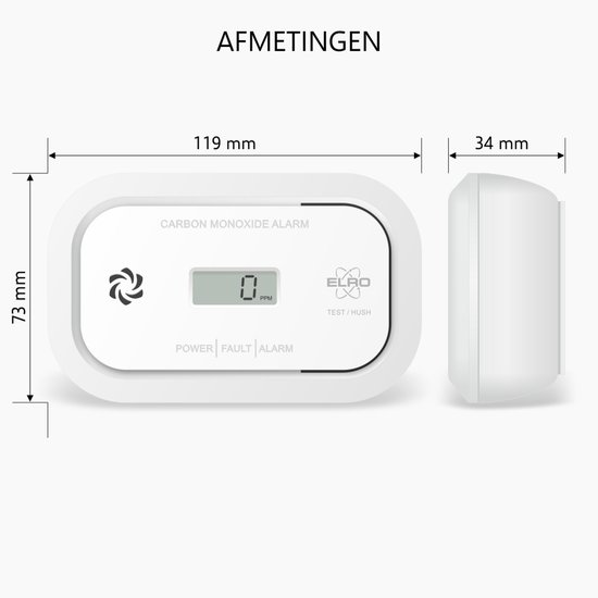 Afmetingen van de witte ELRO koolmonoxidemelder: 119mm breed, 73mm hoog, 34mm diep.