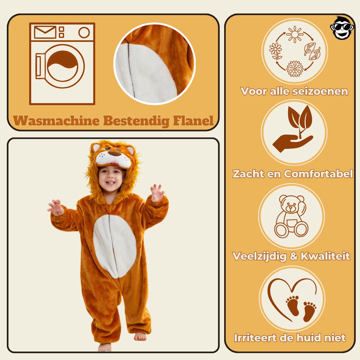 BoefieBoef Wilde Leeuw Dieren Kleuter Onesie Peuter Pyjama Kinderen 2 tot 4 jaar – Verkleedkleding met Luierrits – Carnaval Dierenpak - Kerst en Kraamcadeau - Zacht Flanel - Baby Romper - Boxpak - Jongens - Meisjes - Kruippak - Winterpak — afbeelding 2