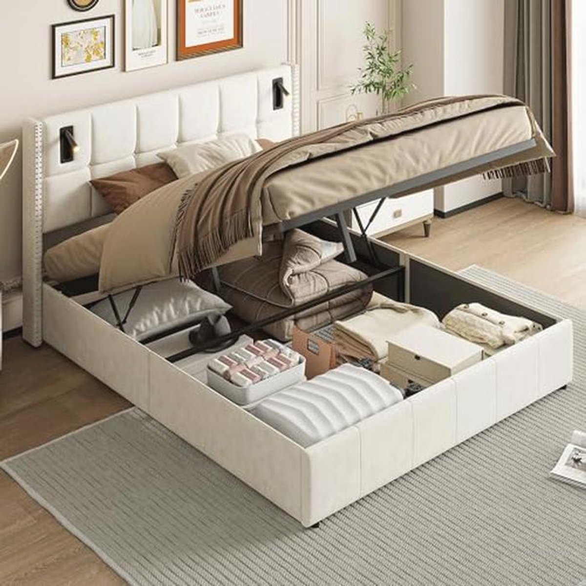 Tweepersoonsbed 140 x 200 cm met opbergruimte en leeslamp - Beige fluwelen bed met lattenb