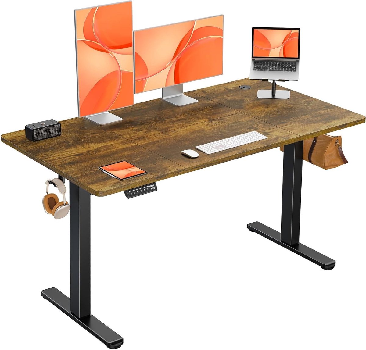 Electric Desk ProLift Elite – 140 x 70 cm Ergonomically Adjustable Standing Desk, Vintage Wood Finish, 4 Memory Presets, Gaming & Office Workstation with 4-Part Tabletop