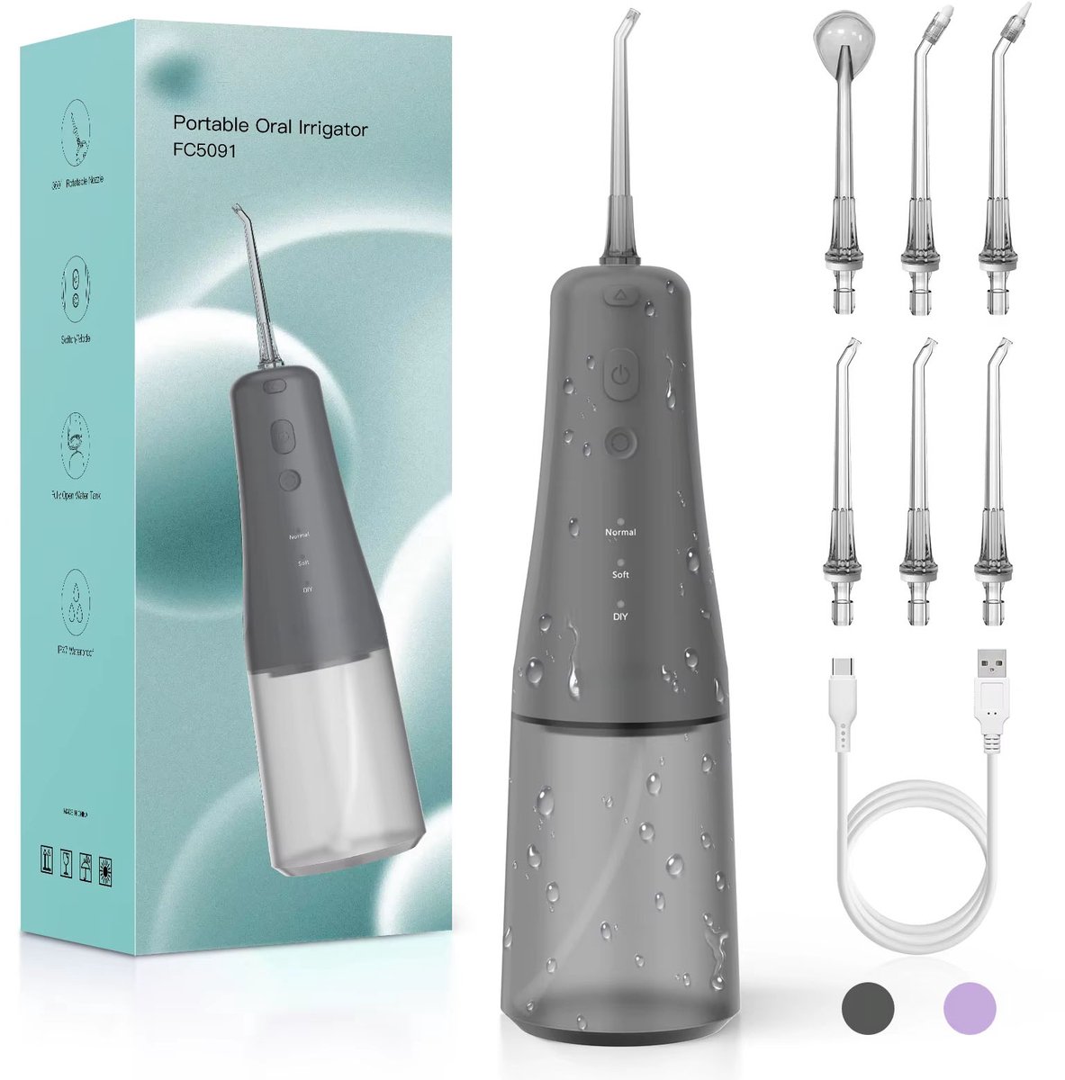 Draadloze Waterflosser – Oplaadbare Monddouche voor Tanden en Tandvlees met 6 Straaltips, IPX7 Waterdicht, 6 Modi, Ideaal voor Reizen en Thuisgebruik - GRIJS