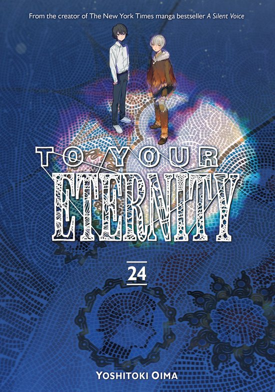 Deux garçons sur un fond bleu, semblable à une mosaïque. Le titre "To Your Eternity 24" est au centre.